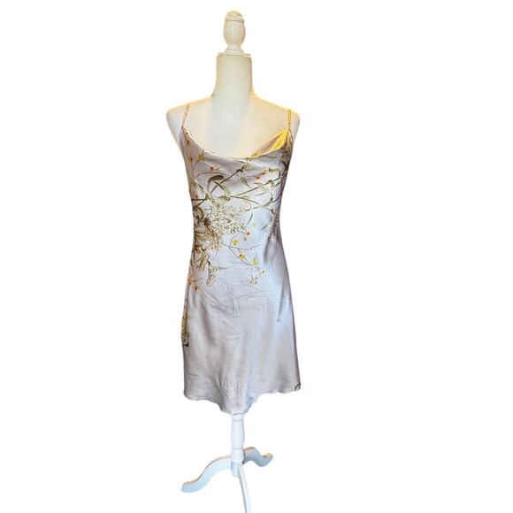 Unknown Dresses & Skirts - Silver Satin Cowl Neck Slip Dress with Botanical Bird Print in Size Medium